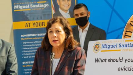 Supervisor Hilda Solis speaks about the importance of applying for rent relief. 